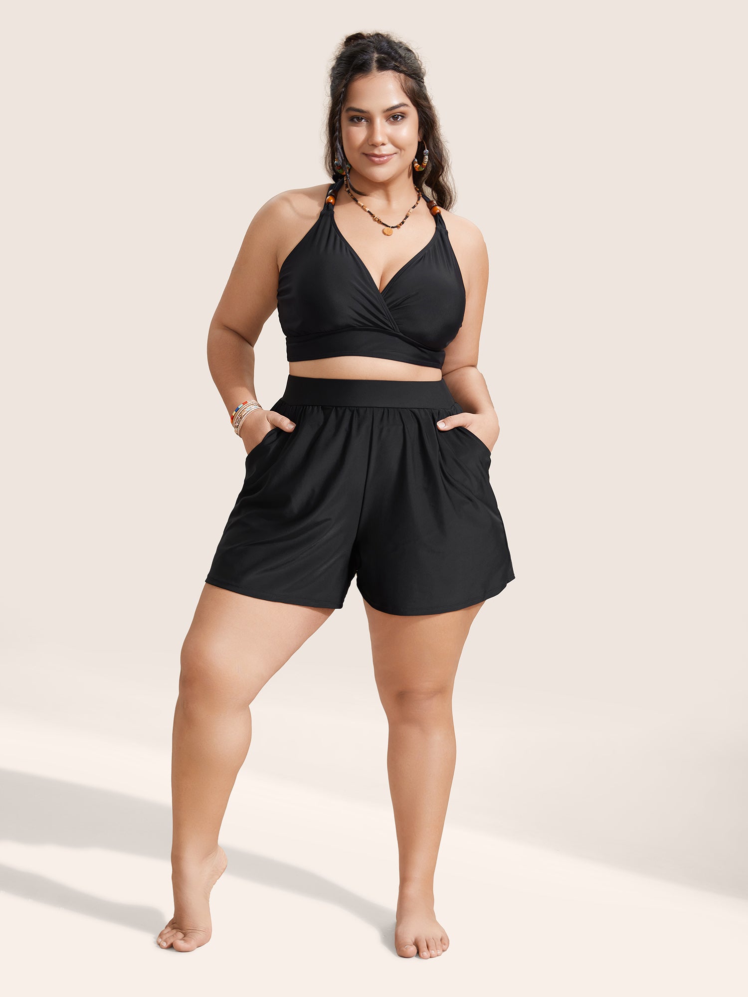 Solid Gathered High Rise Pocket Swim Bottom