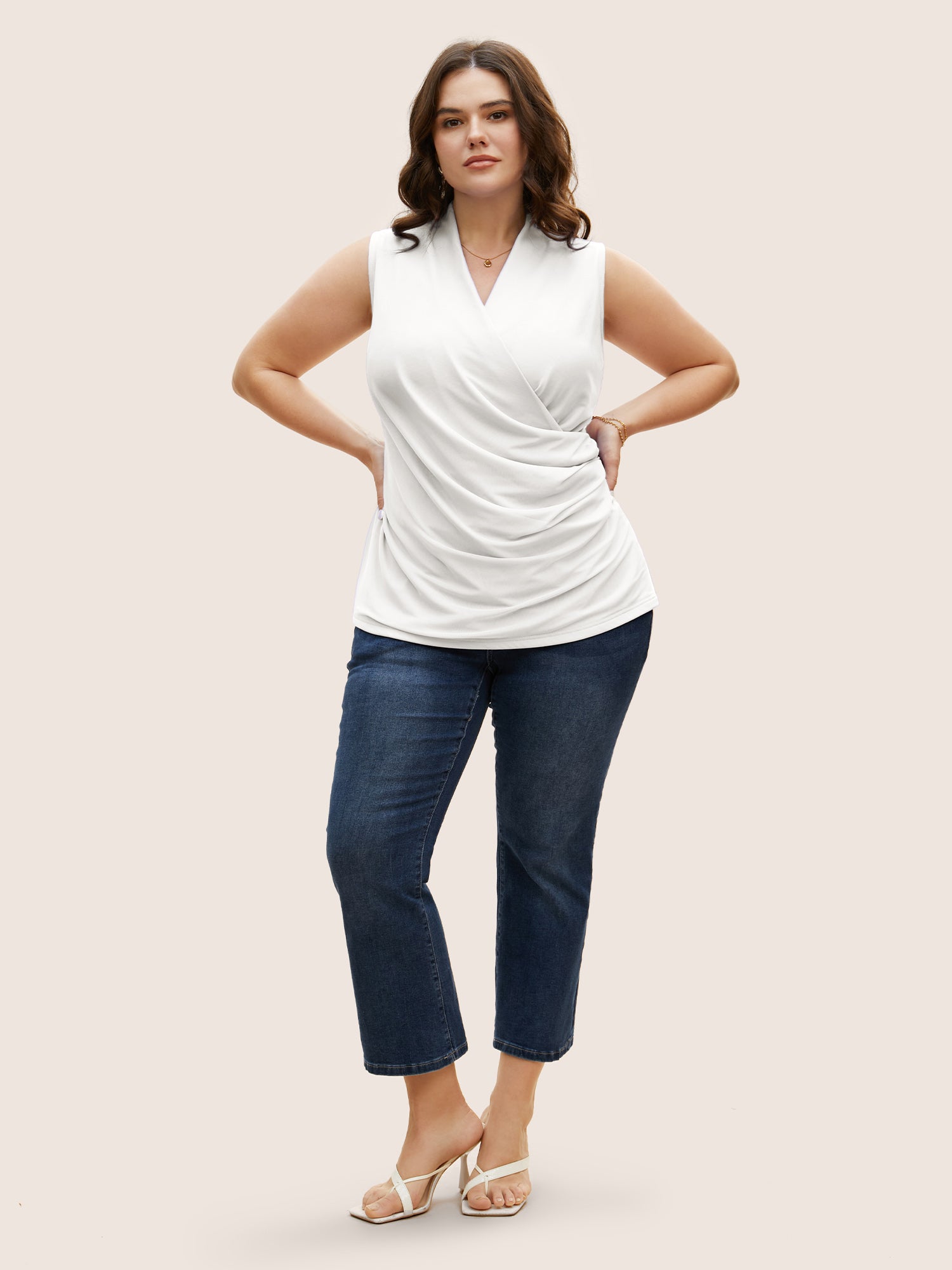 Overlap Collar Solid Pleated Tank Top