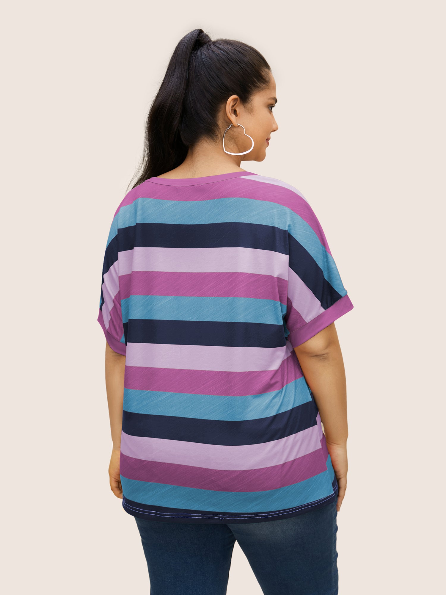 Colored Striped Crew Neck Batwing Sleeve T-shirt