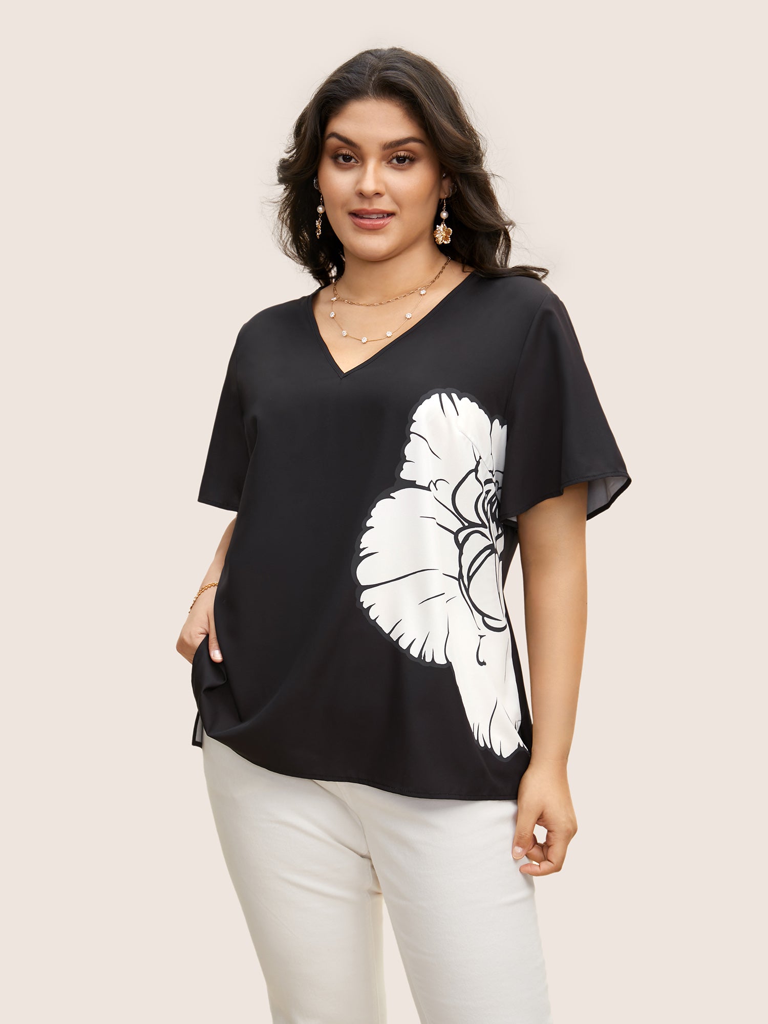 Carnation Print Contrast Ruffle Sleeve Blouse
