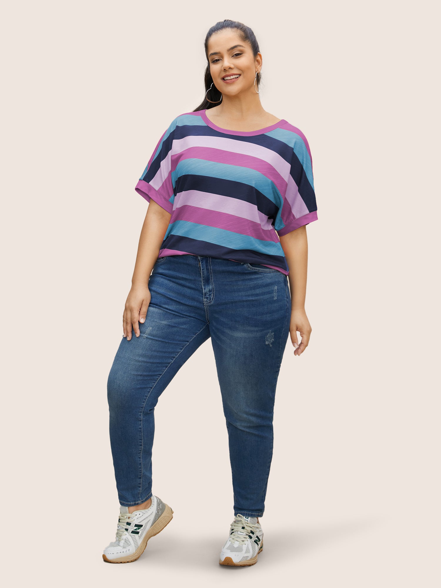 Colored Striped Crew Neck Batwing Sleeve T-shirt