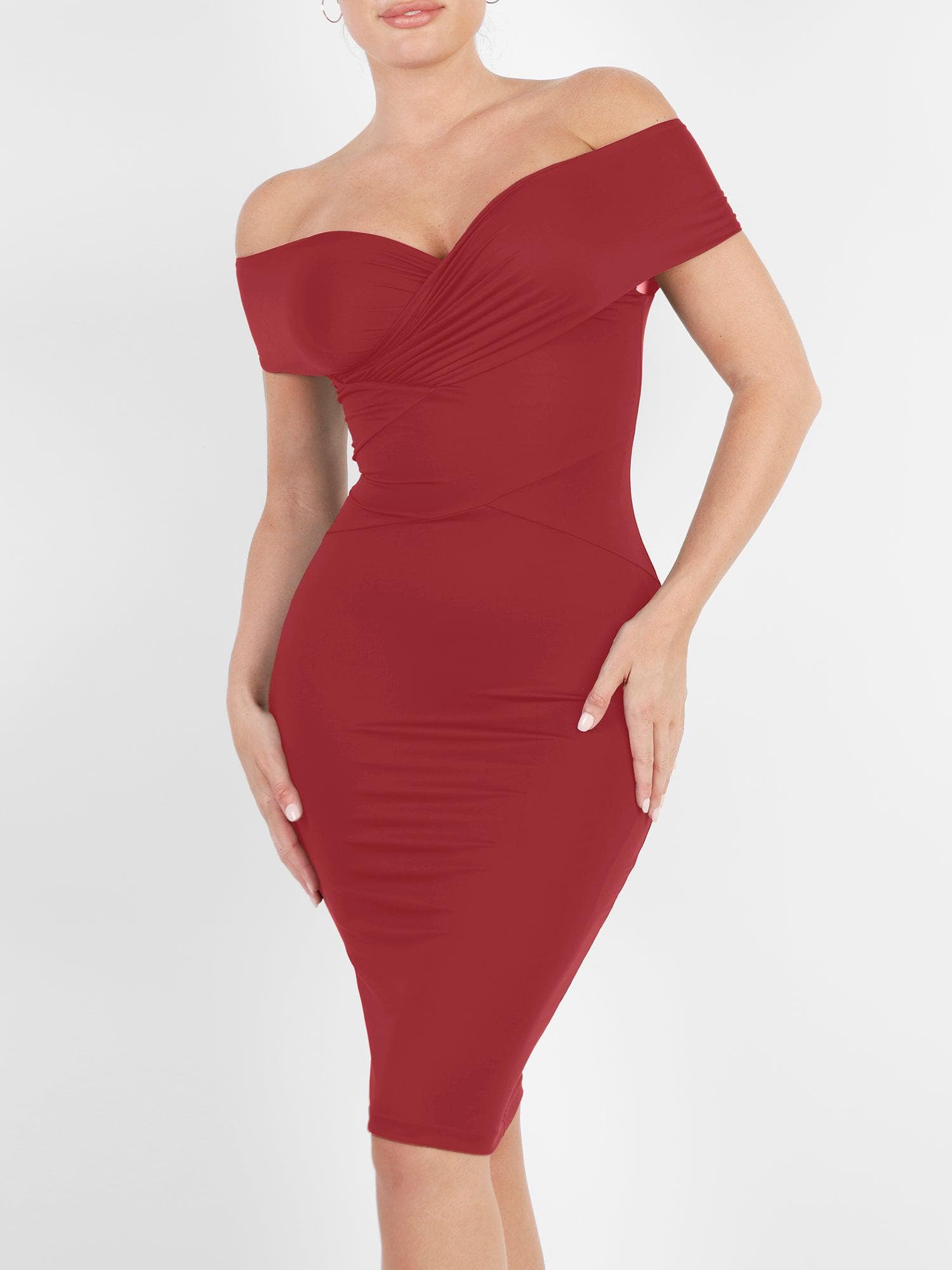 The Shapewear Dress Off Shoulder V-Neck Ruched Midi
