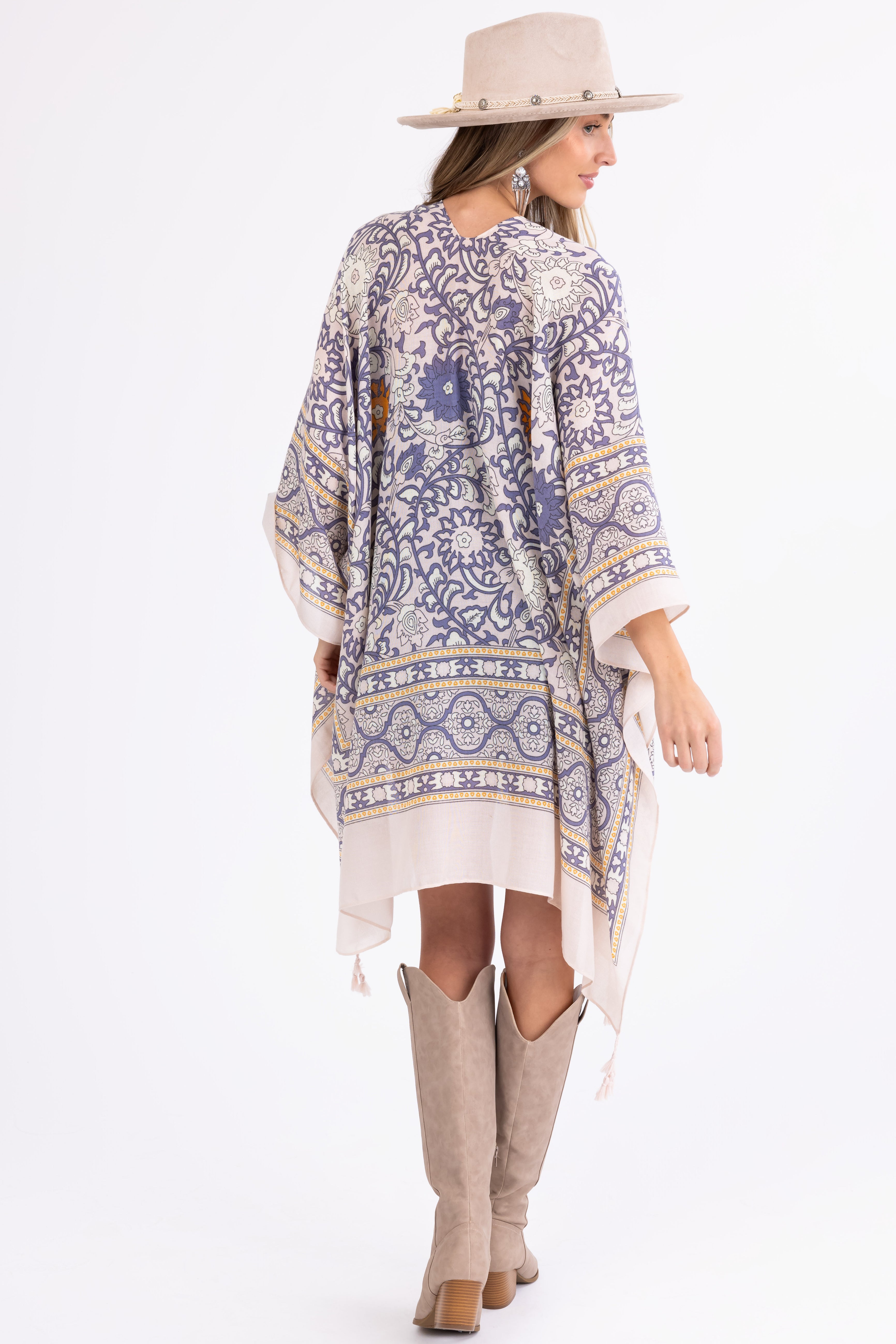Coconut Abstract Print Tassel Kimono