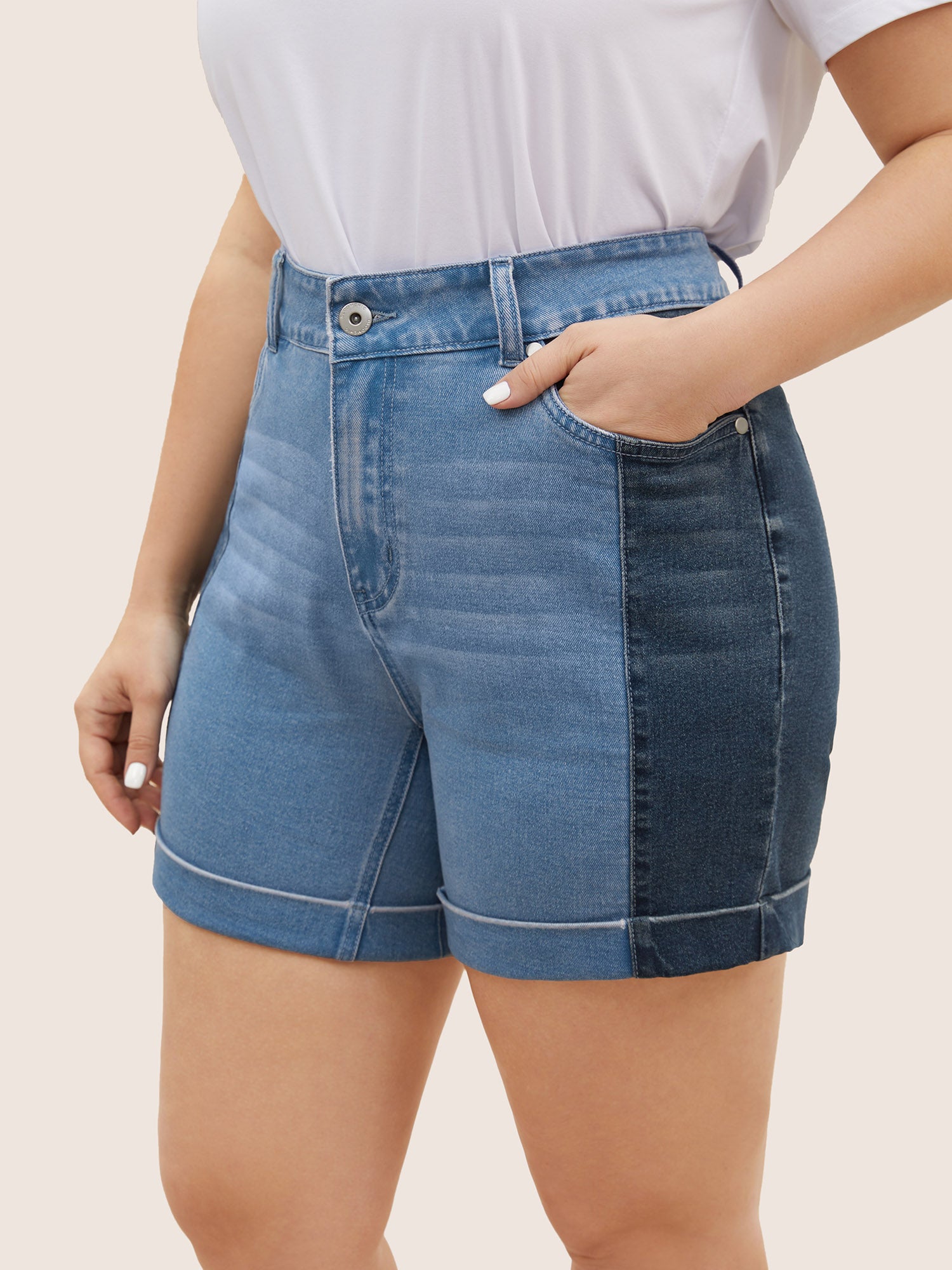 Contrast Patchwork Roll Hem Denim Shorts