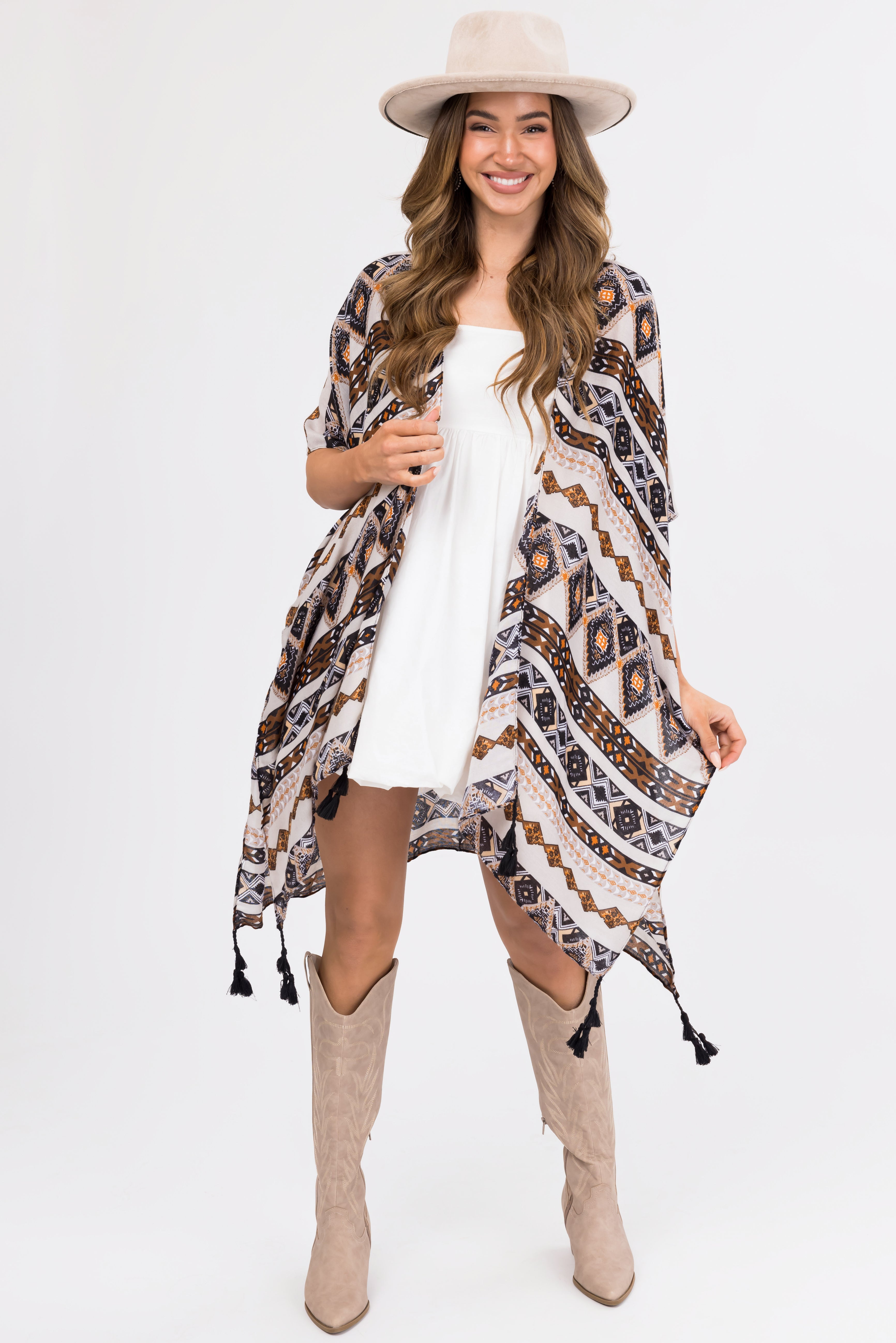 Heather Grey Geometric Print Tassel Kimono