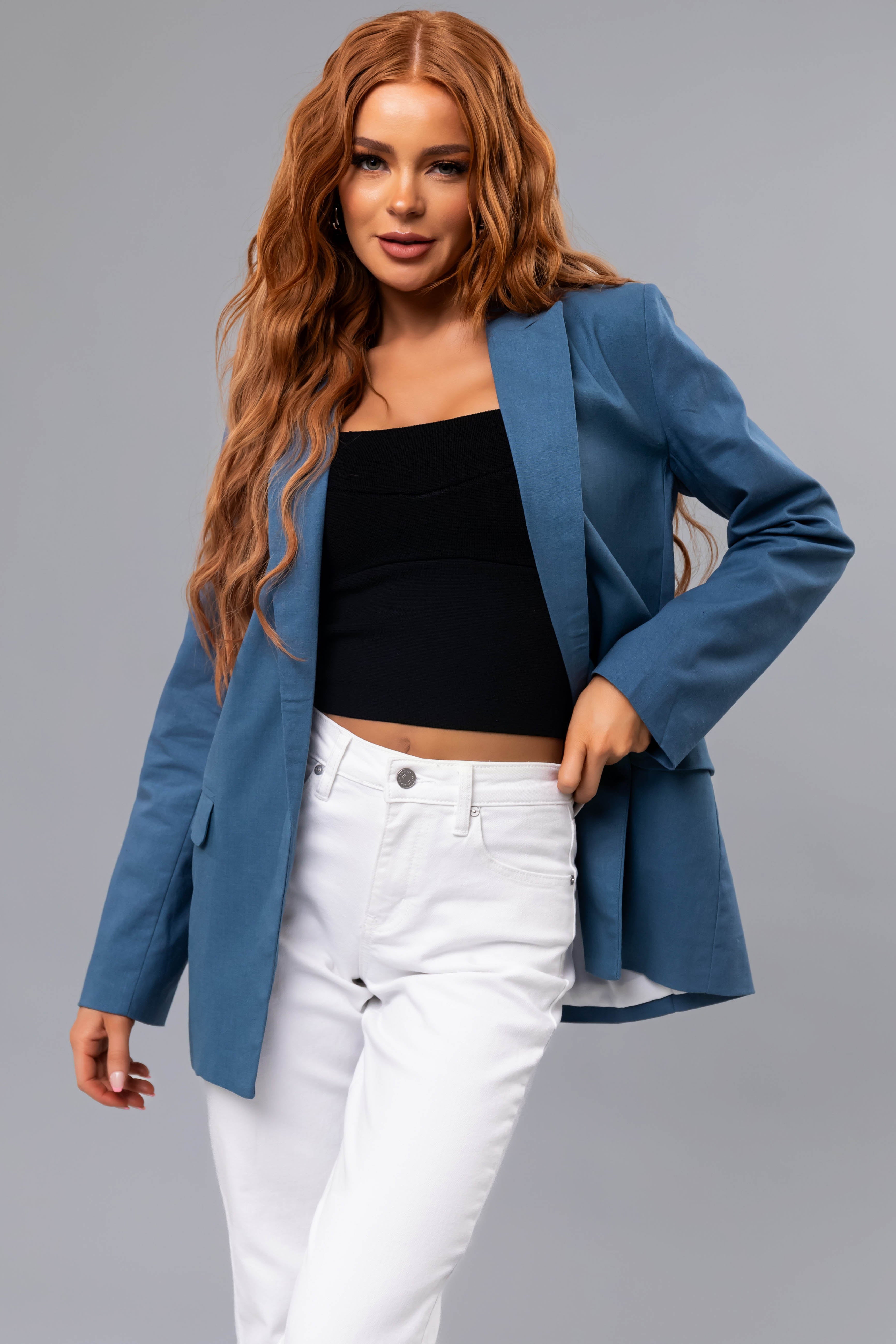 Steel Blue Open Front Linen Blazer