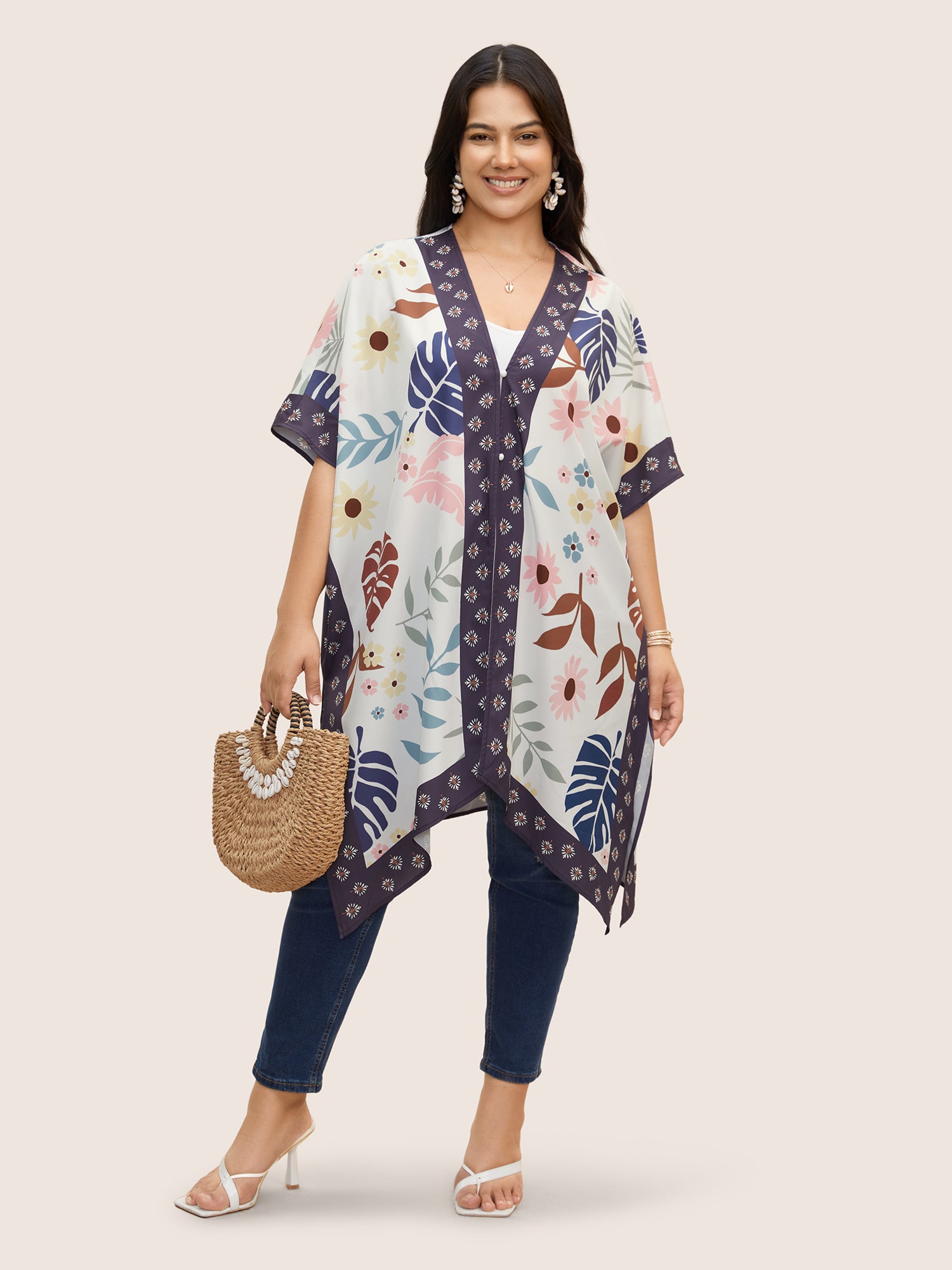Painted Flower Print Split Hem Kimono