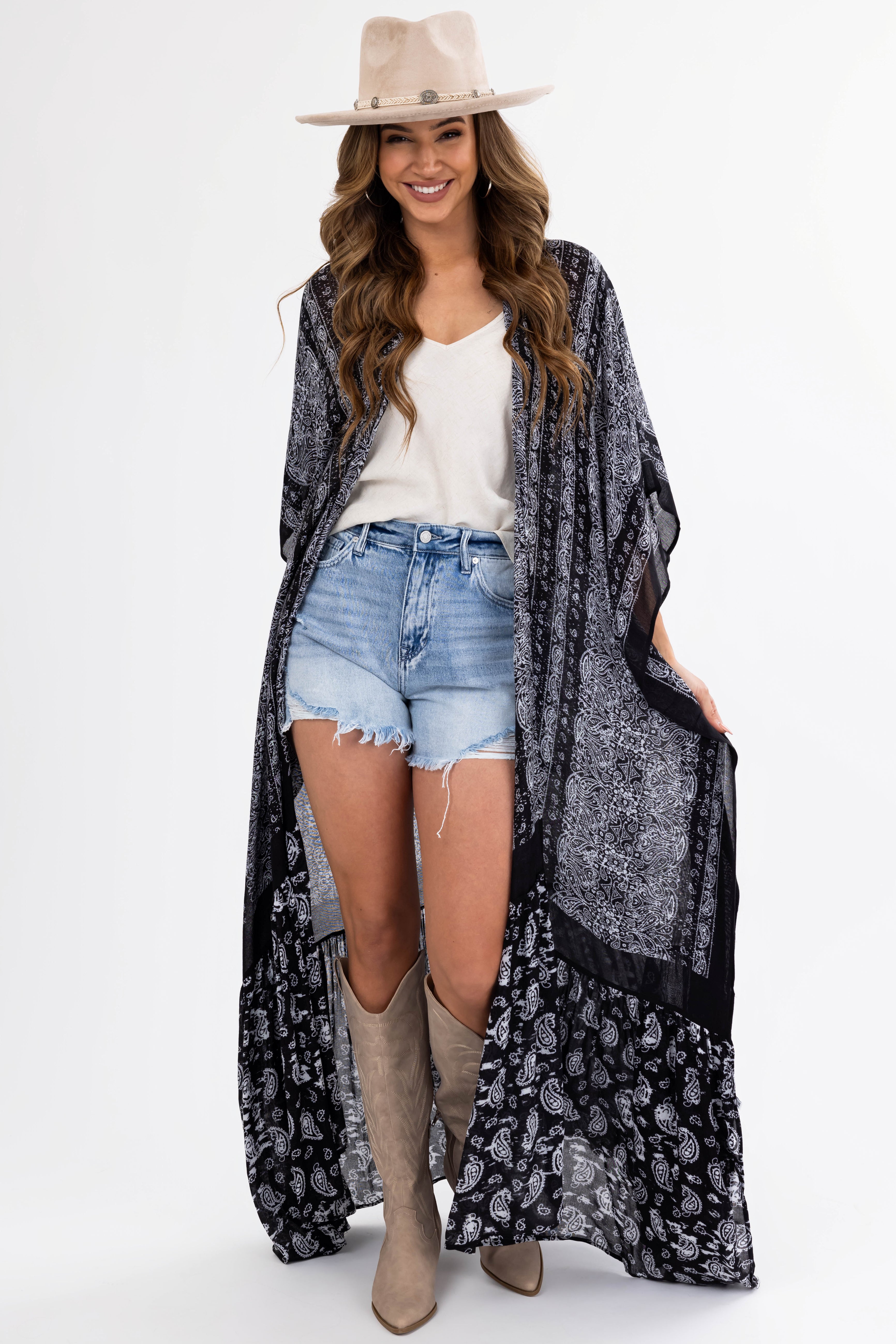 Black Paisley Print Ruffle 3/4 Sleeve Kimono