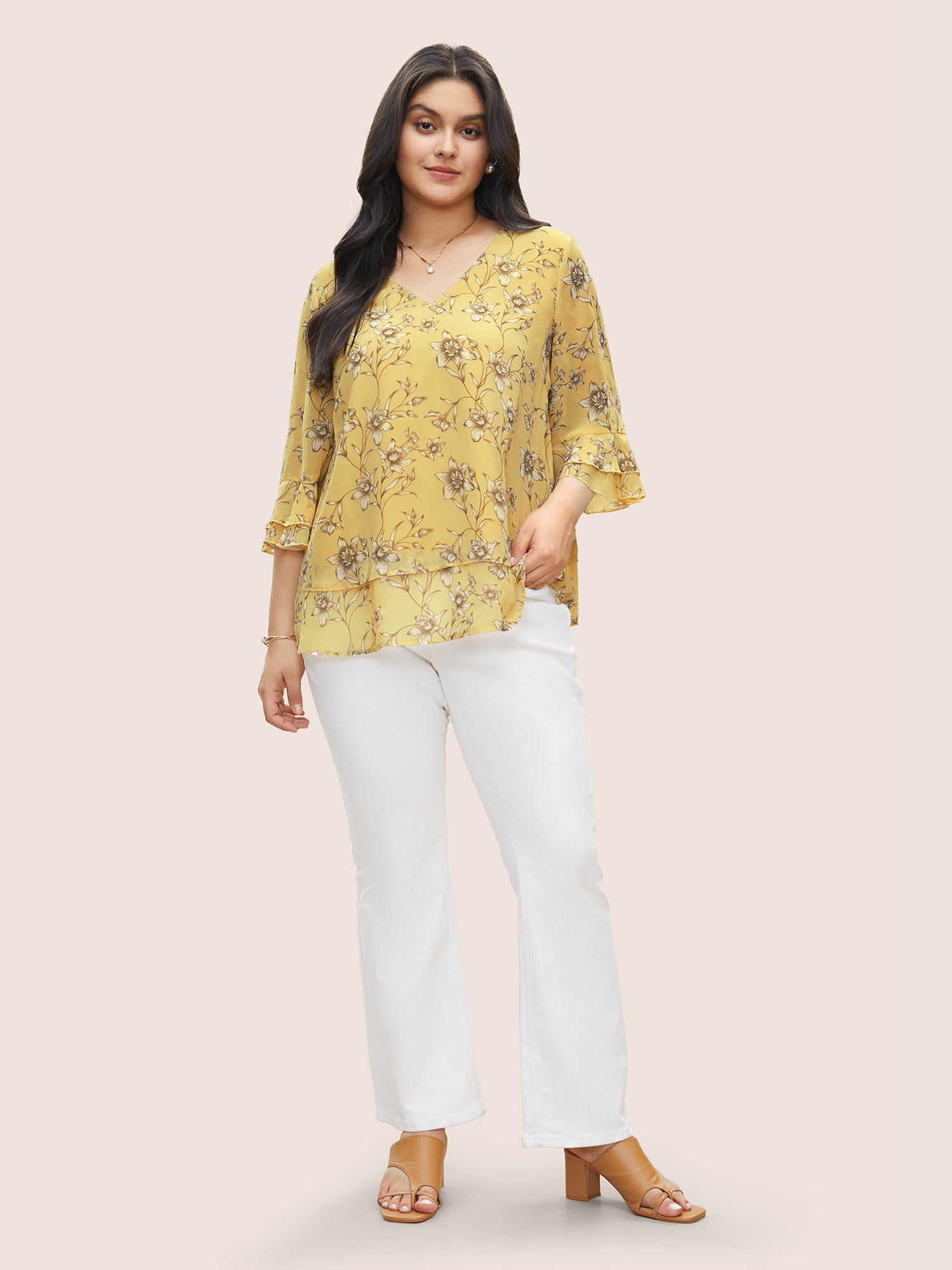 Daffodils Print Tiered Ruffle Sleeve Mesh Blouse