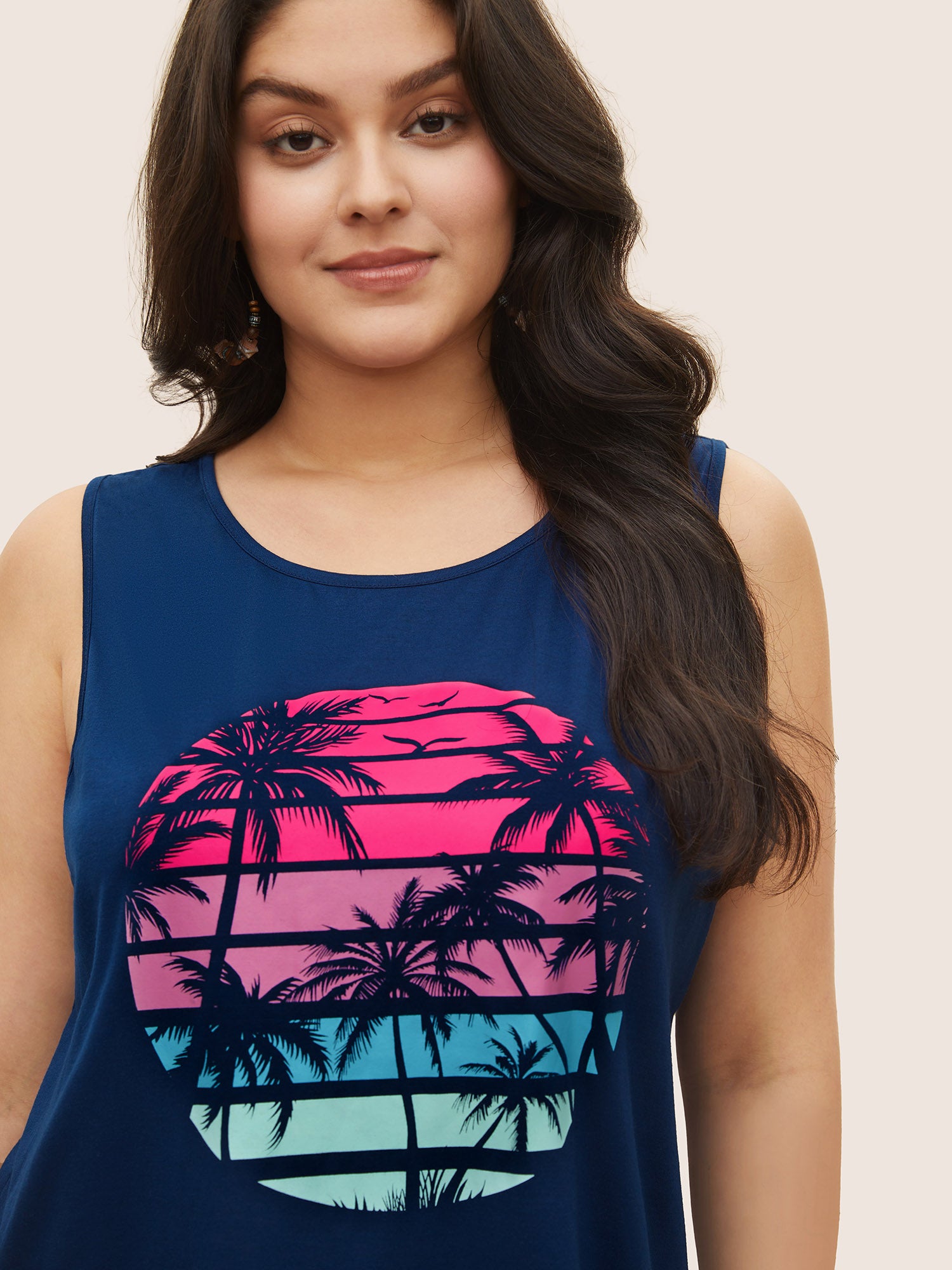 Tropical Vacation Print Crew Neck Tank Top