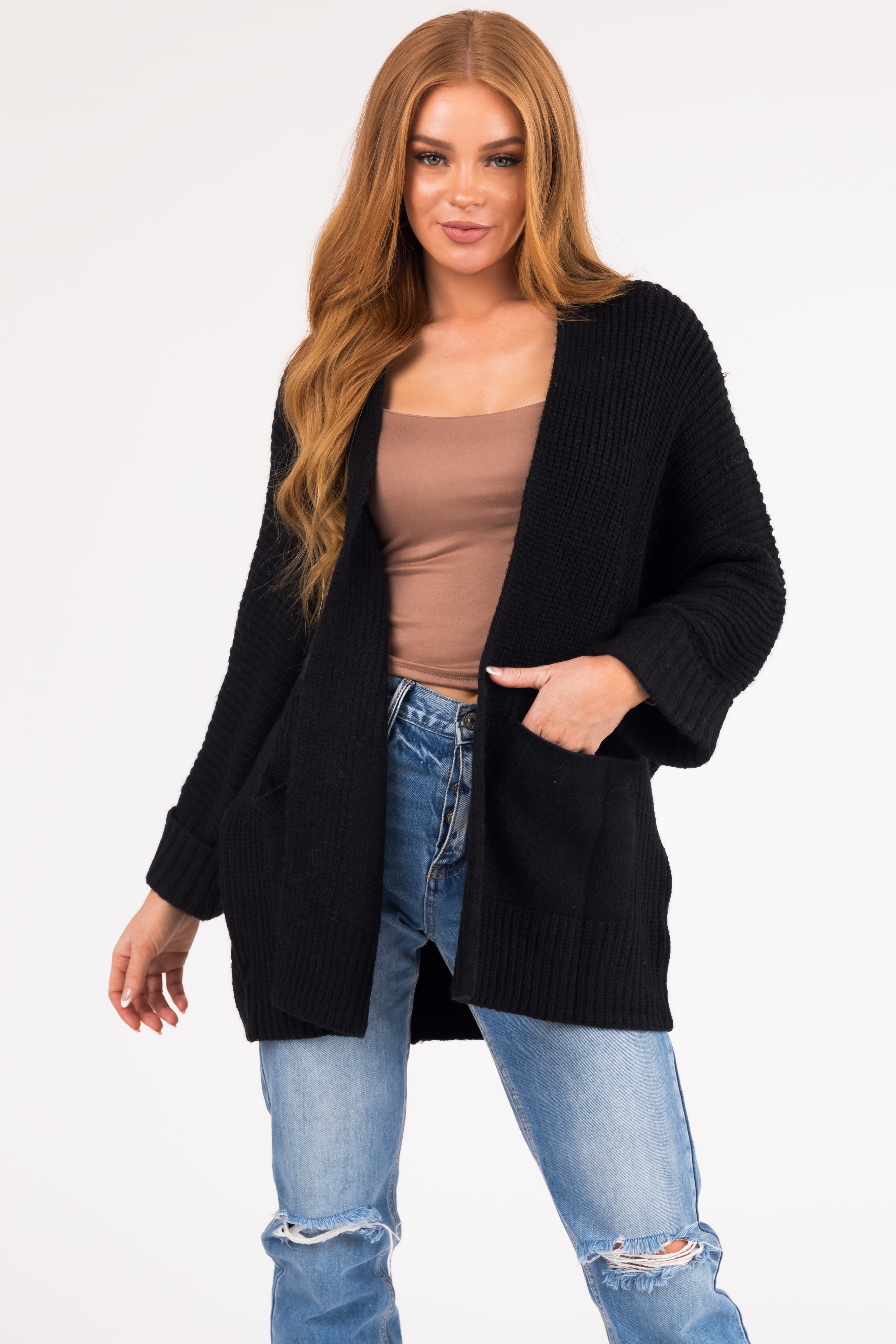 Black Oversized Knit Cardigan with Folded Sleeves