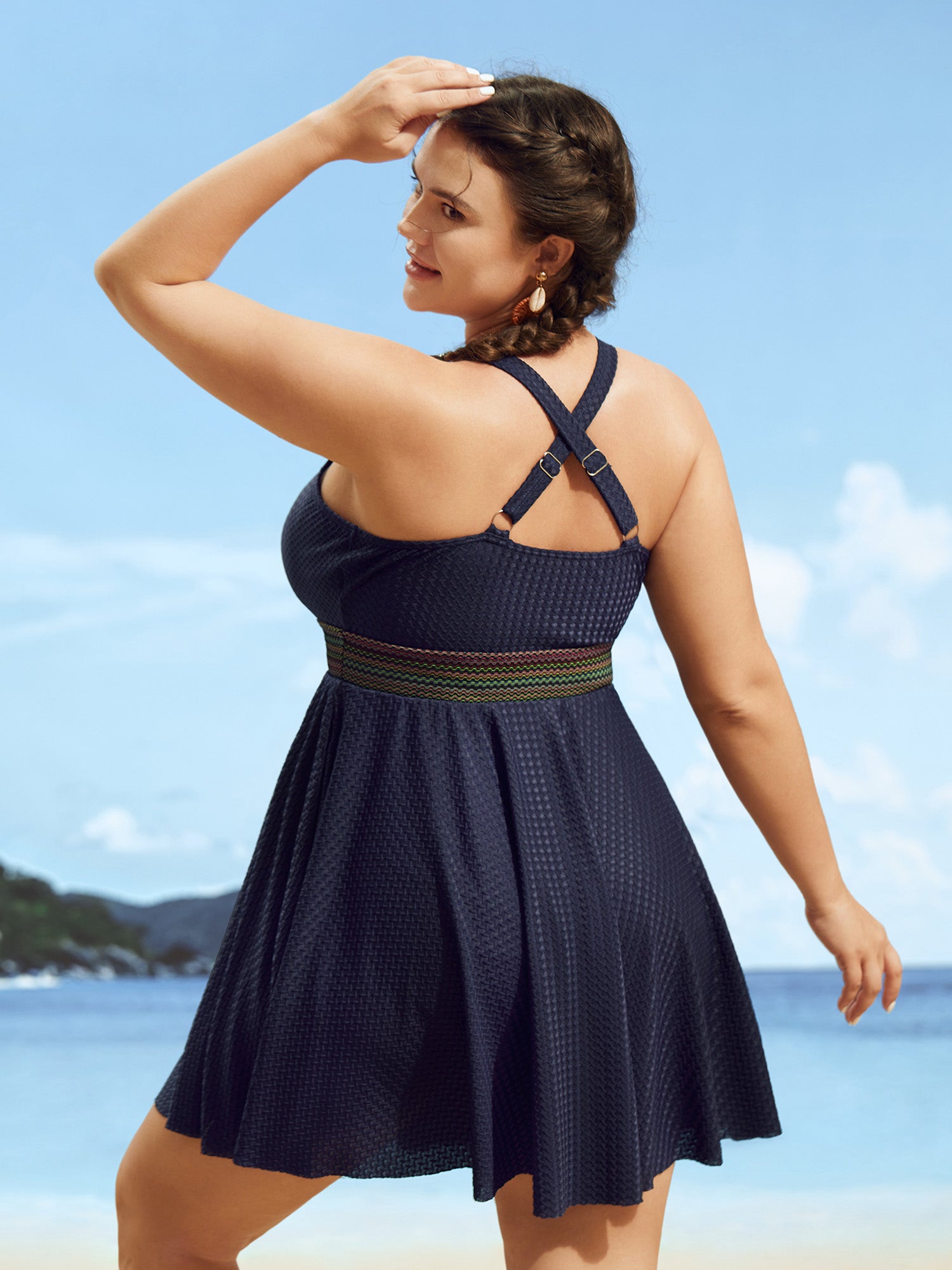 Overlap Collar Textured Gathered Pocket Swim Dress