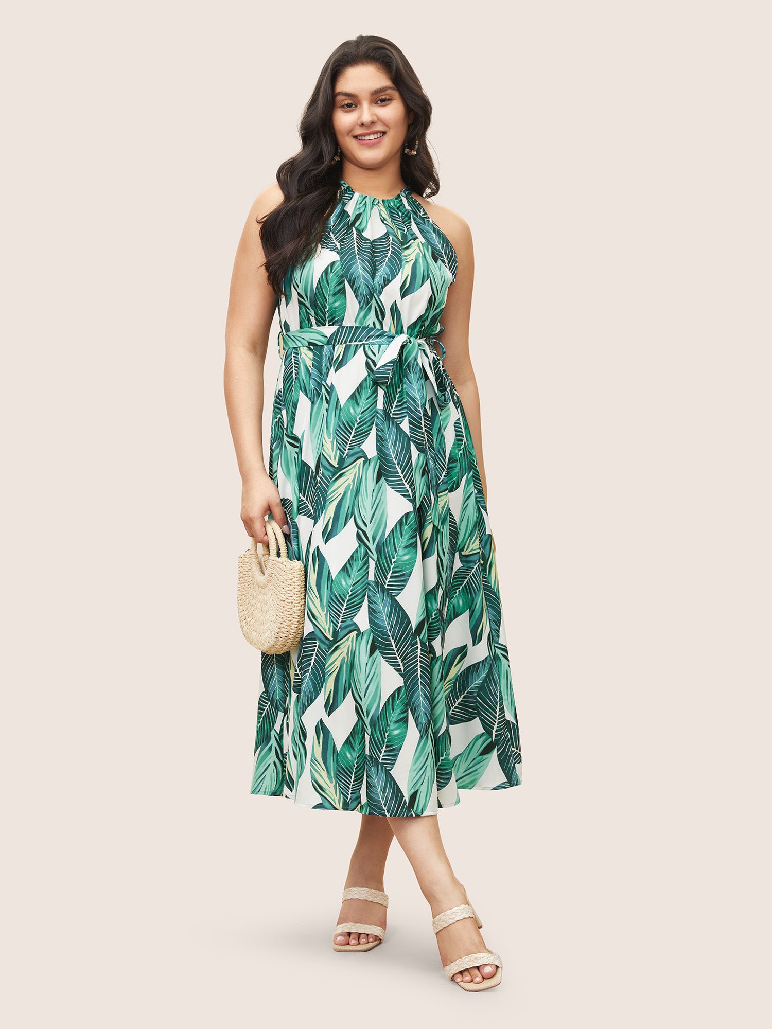 Tropical Print Knotted Pocket Ruffles Belted Halter Dress