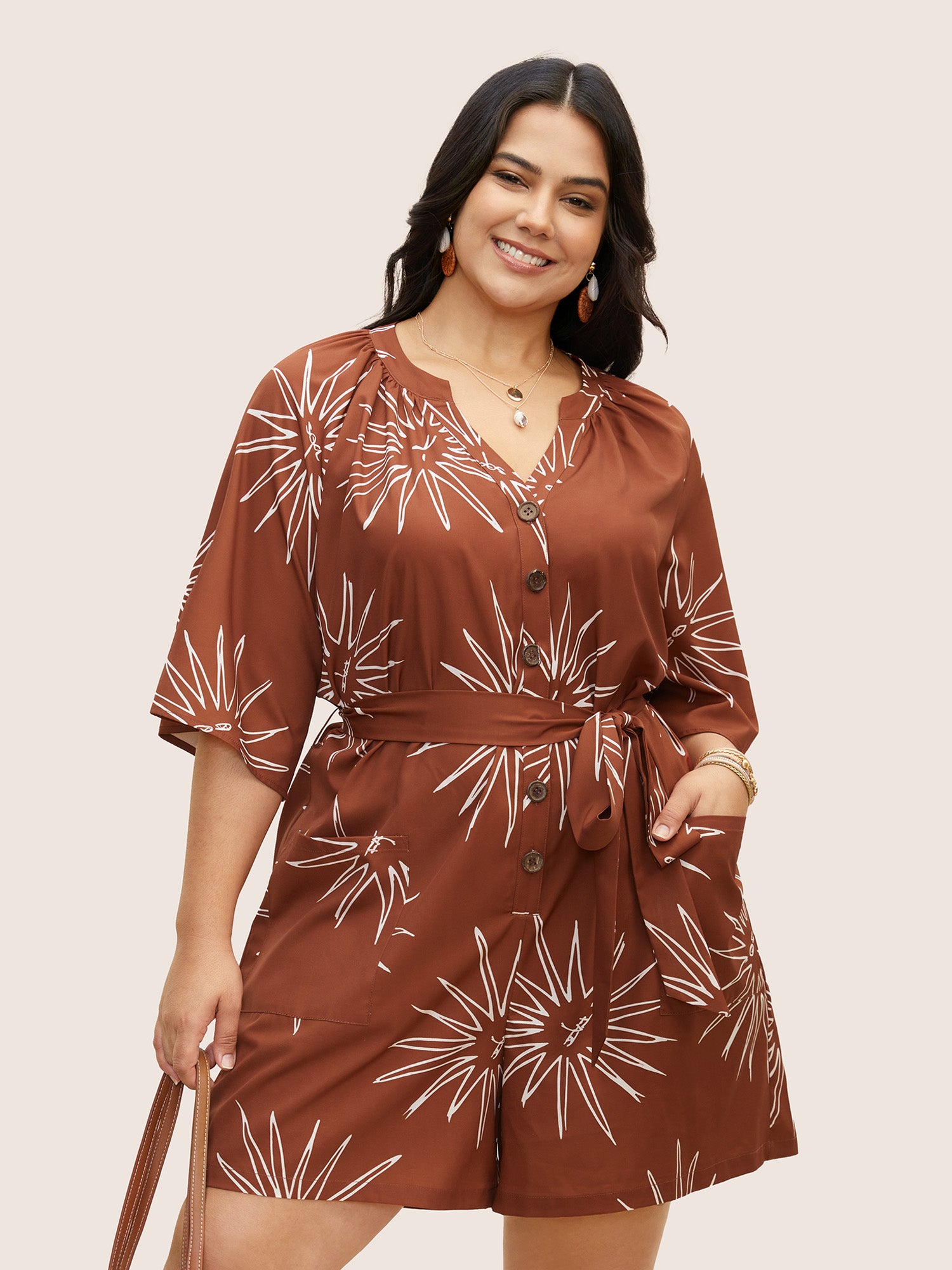 Sun Print Gathered Button Up Jumpsuit