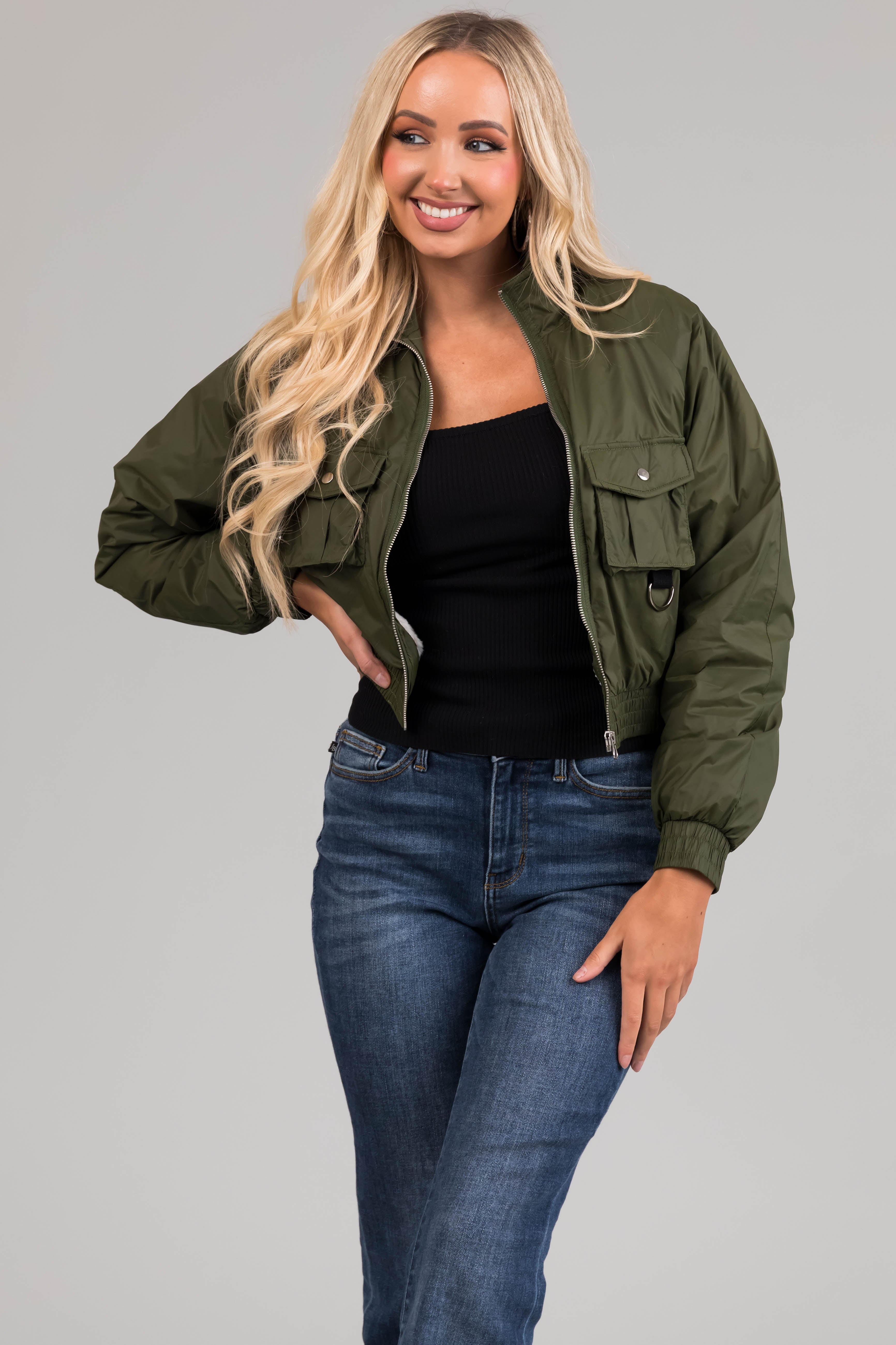Dark Olive Chest Pockets Zip Up Bomber Jacket
