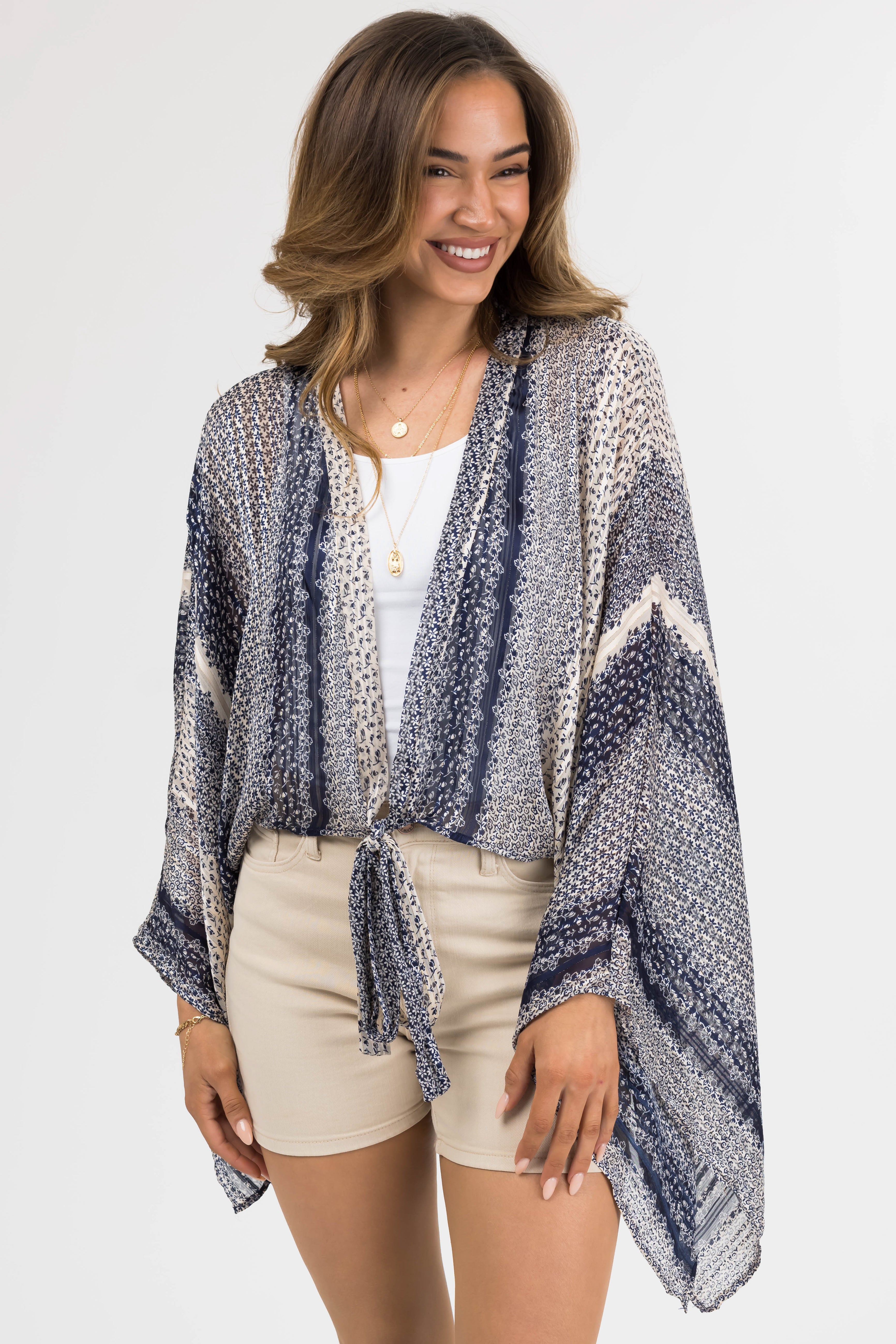 Navy Multi Print Front Tie Long Sleeve Kimono