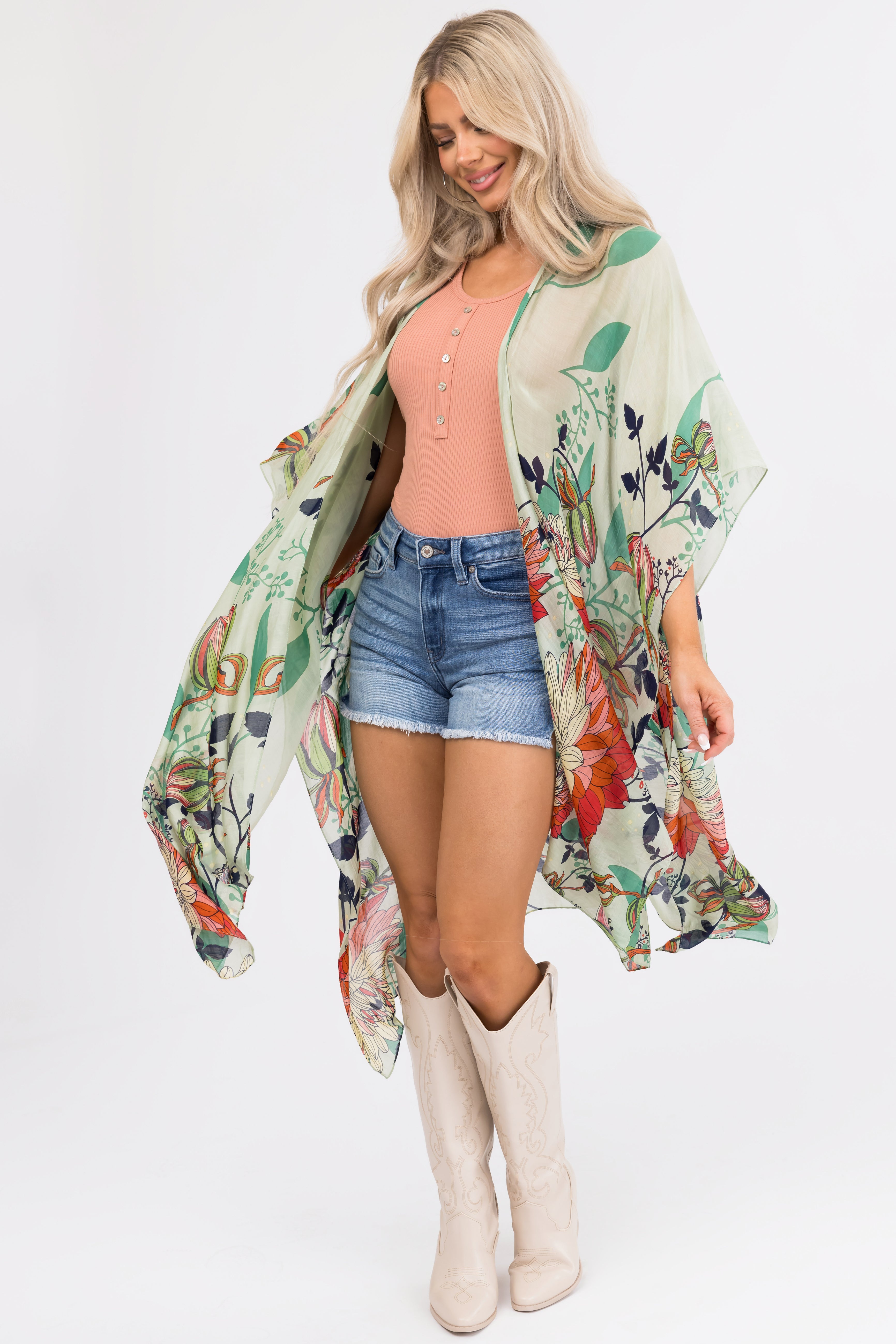 Sage Lightweight Floral Lotus Print Kimono