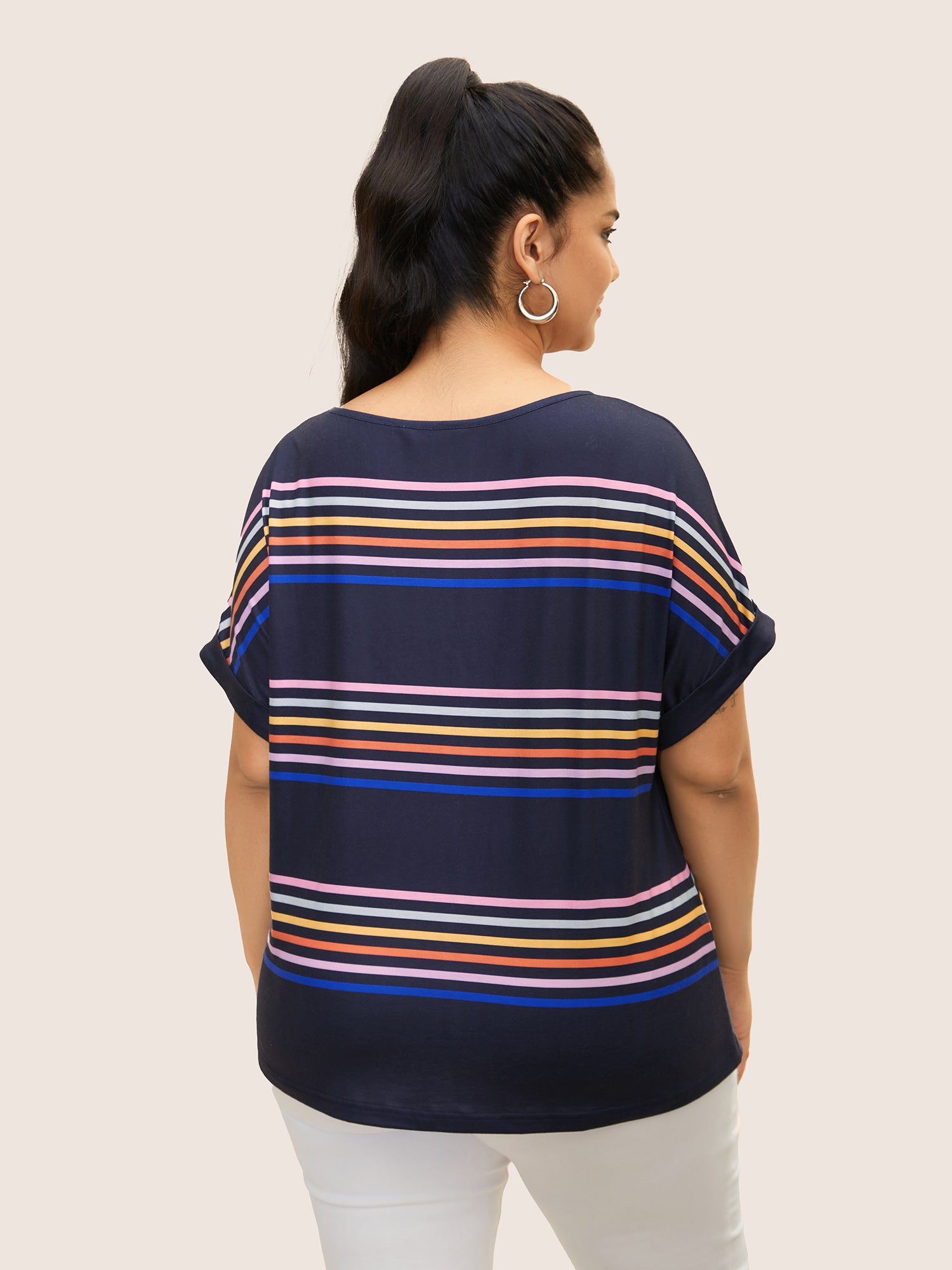 Colored Striped Boat Neck Batwing Sleeve T-shirt