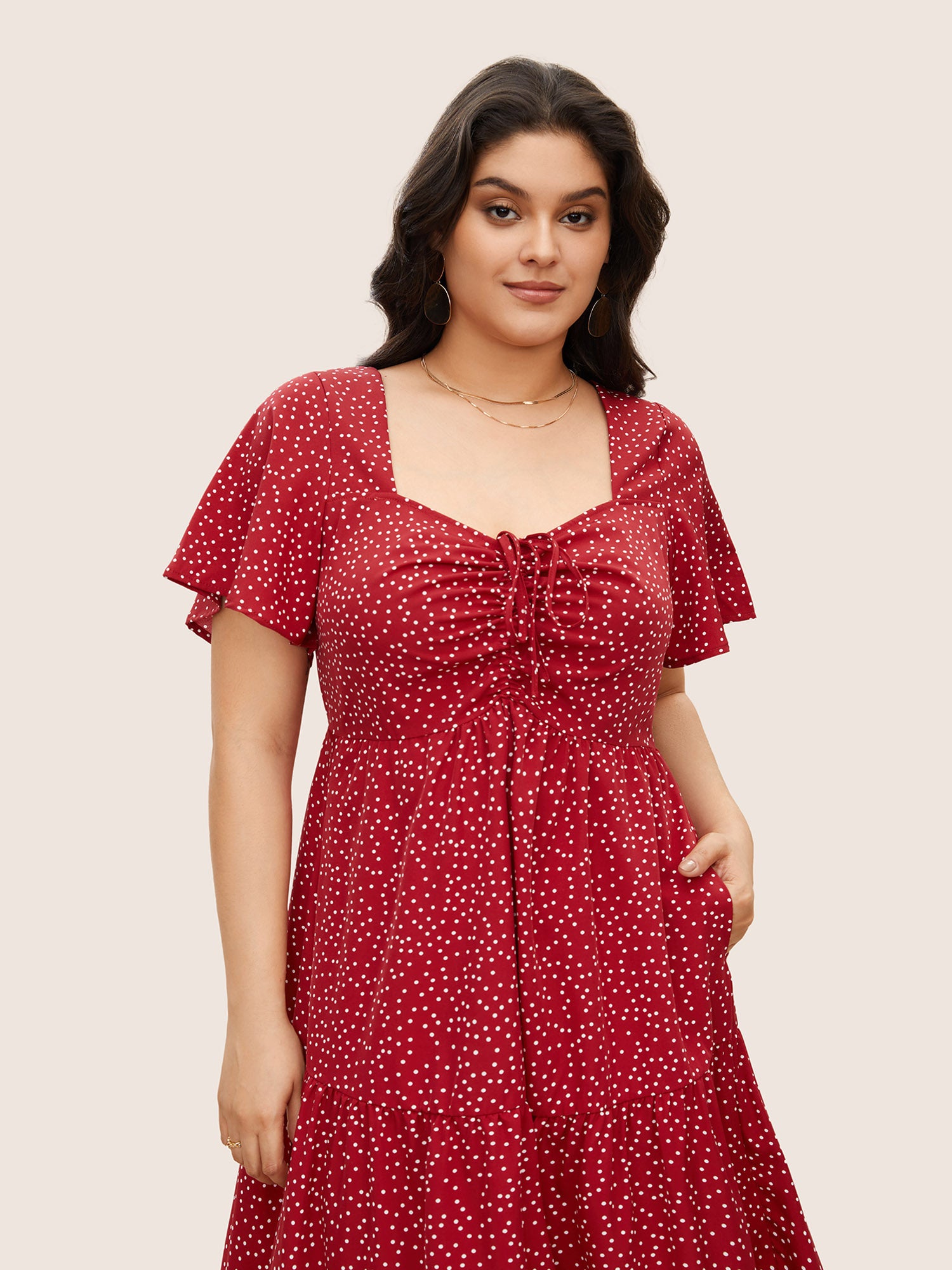 Polka Dot Drawstring Ruffle Tiered Ruched Pocket Midi Dress