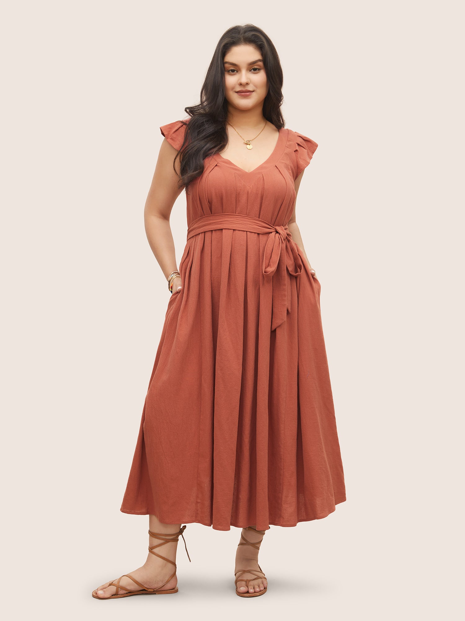 Solid Flounce Sleeve Plicated Detail A Line Dress