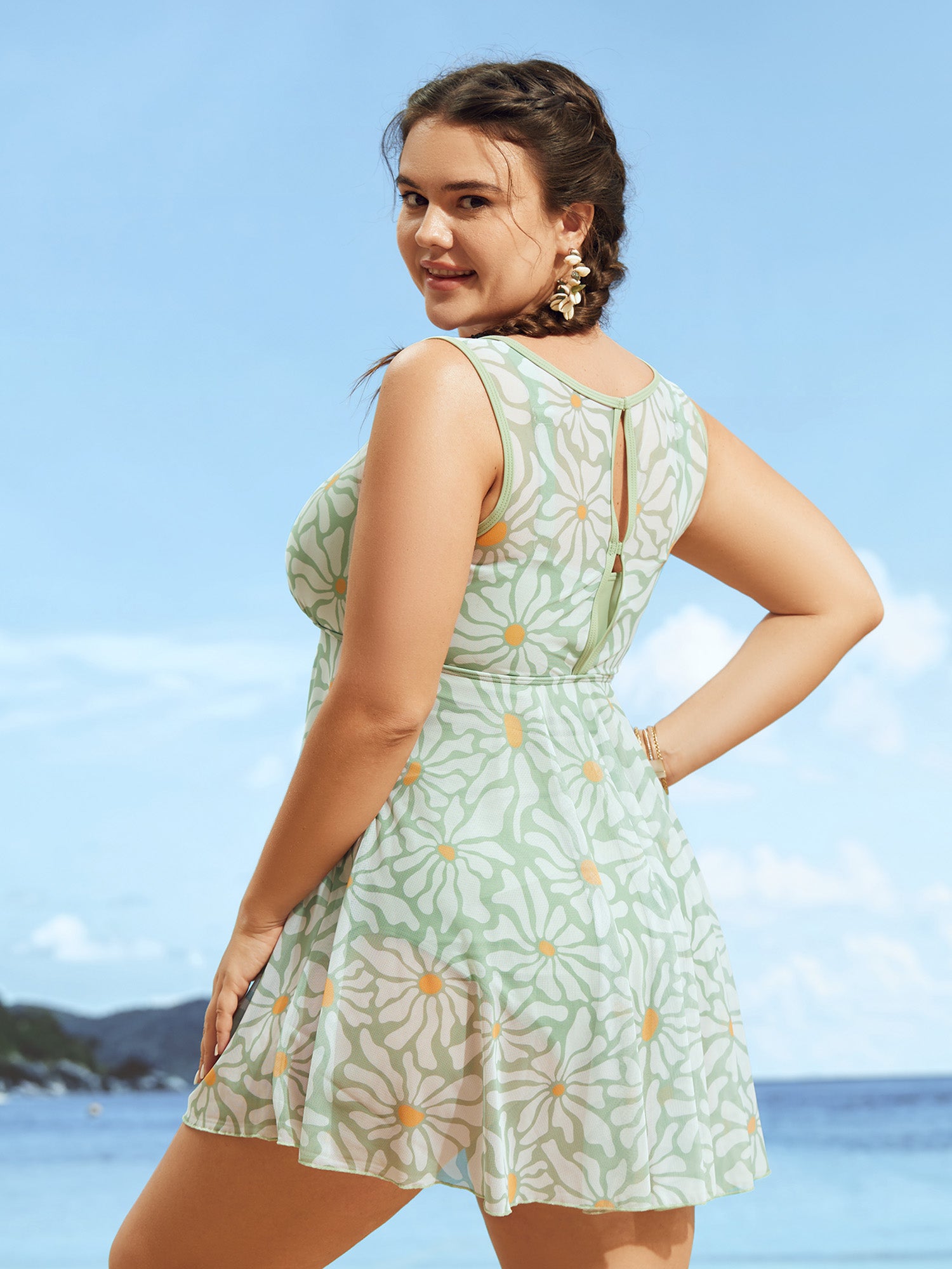 Sun Print U Neck See Through Gathered Swim Dress
