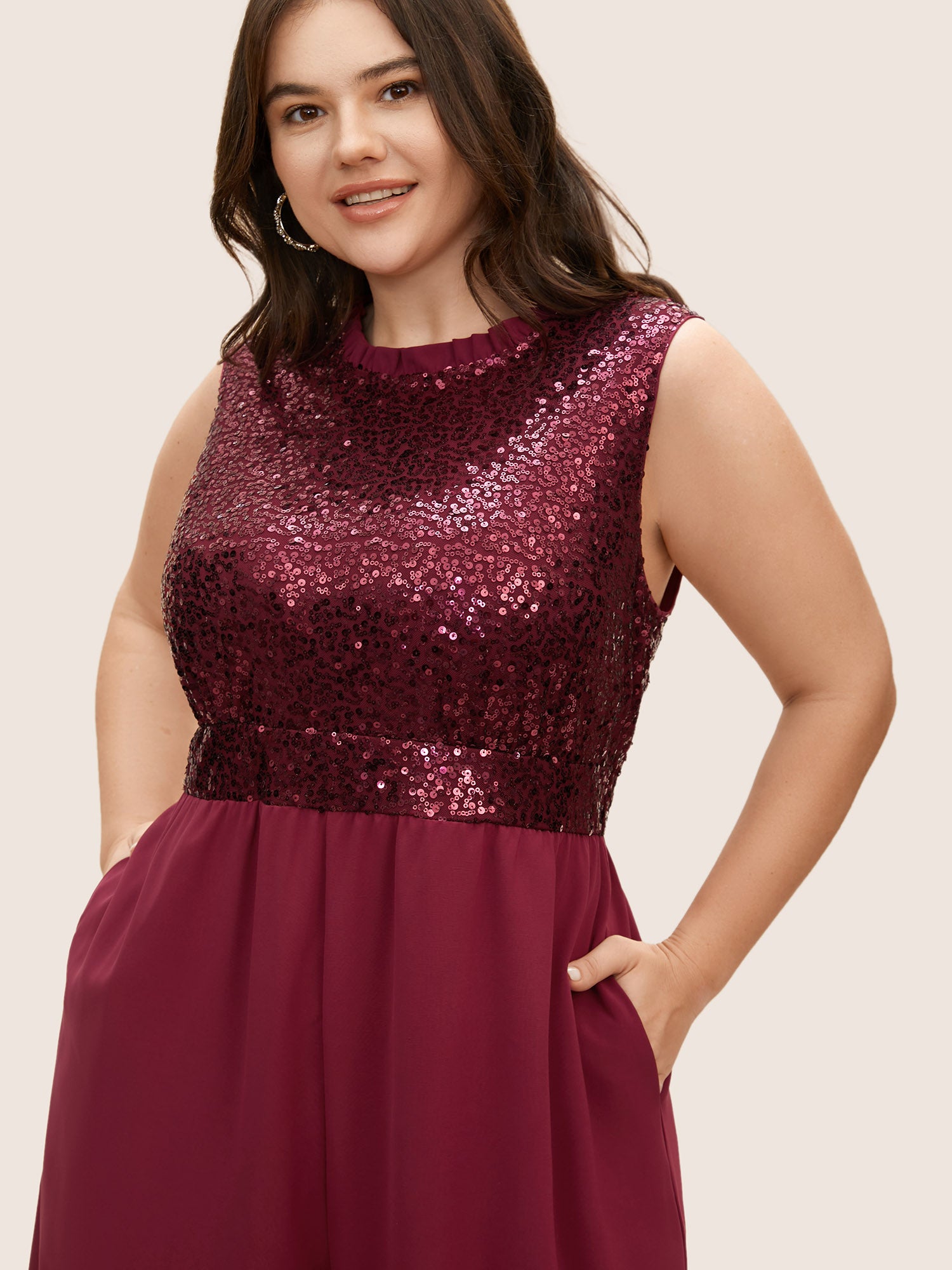 Sequin Patchwork Mock Neck Sleeveless Jumpsuit