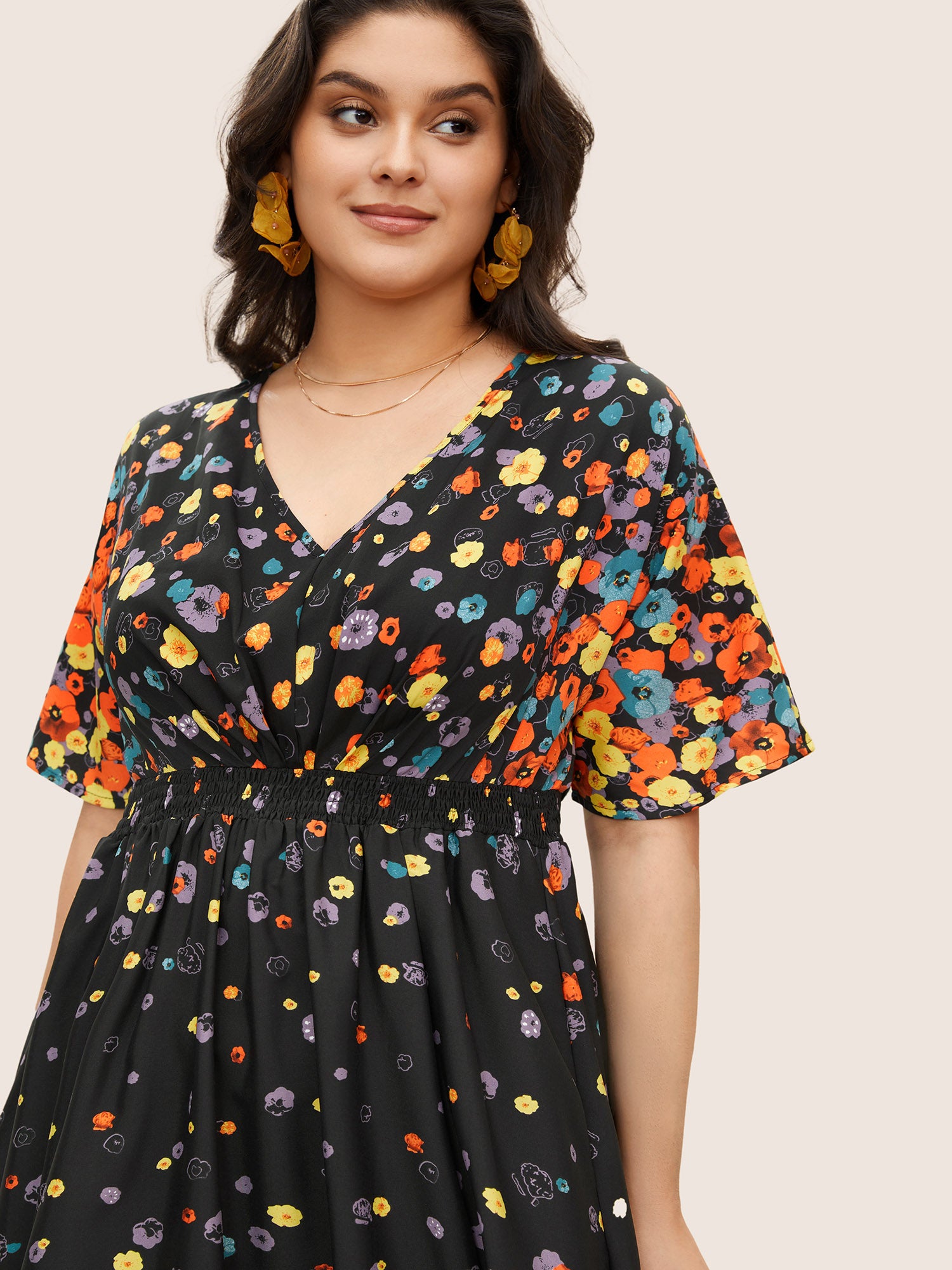 Floral Printed Pocket V Neck Shirred Split Hem Dress